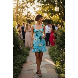 Hutch L Floral Bustier Mini Dress Blue Green Poppies Underwire NWT Wedding Prom